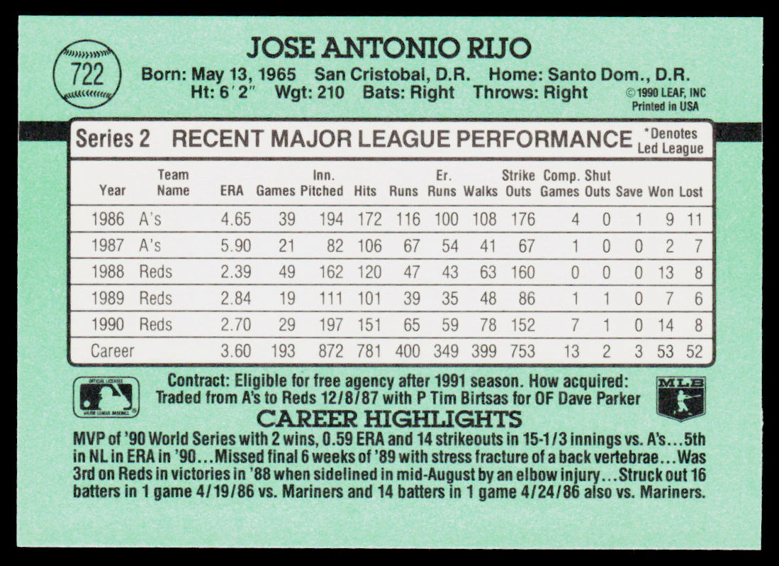 Jose Rijo 1991 Donruss #722b Cincinnati Reds