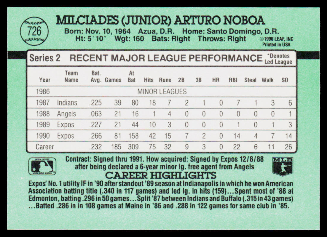 Junior Noboa 1991 Donruss #726 Montreal Expos