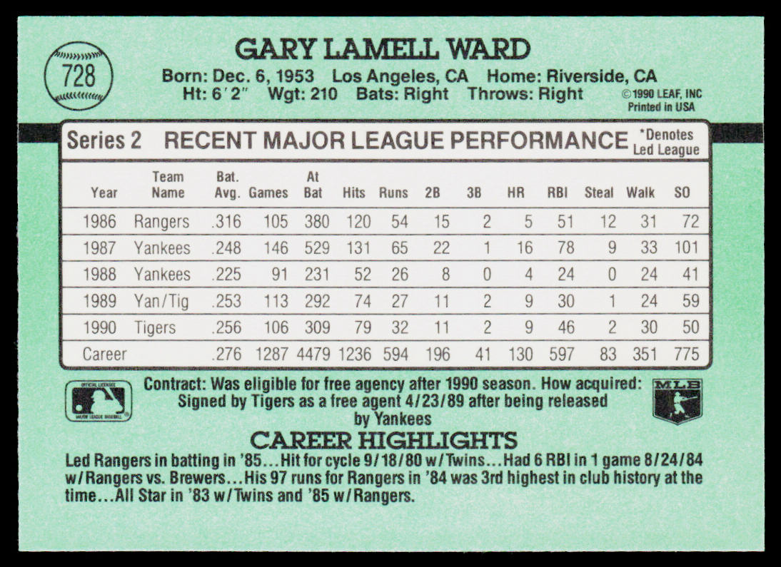 Gary Ward 1991 Donruss #728 Detroit Tigers