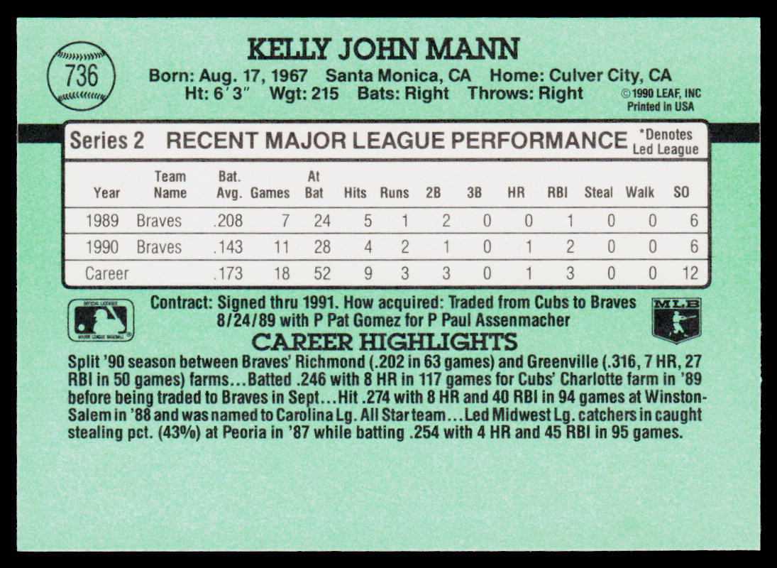 Kelly Mann 1991 Donruss #736b Atlanta Braves