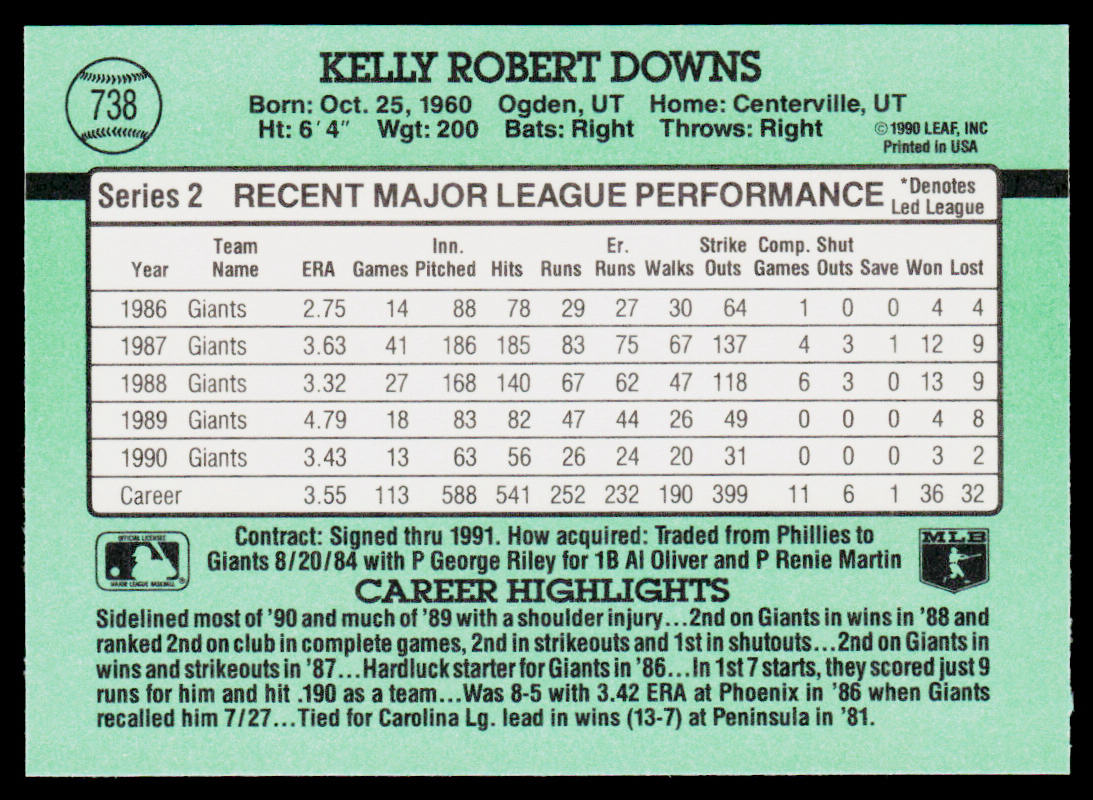 Kelly Downs 1991 Donruss #738b San Francisco Giants