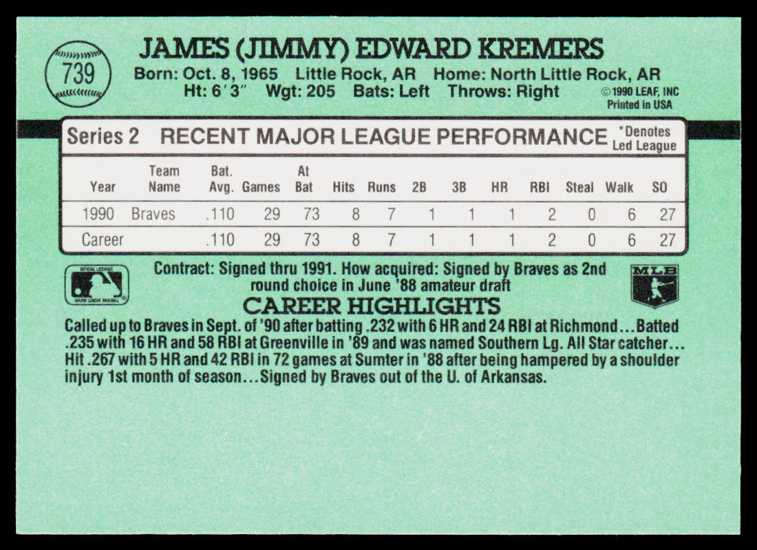 Jimmy Kremers 1991 Donruss #739b Atlanta Braves