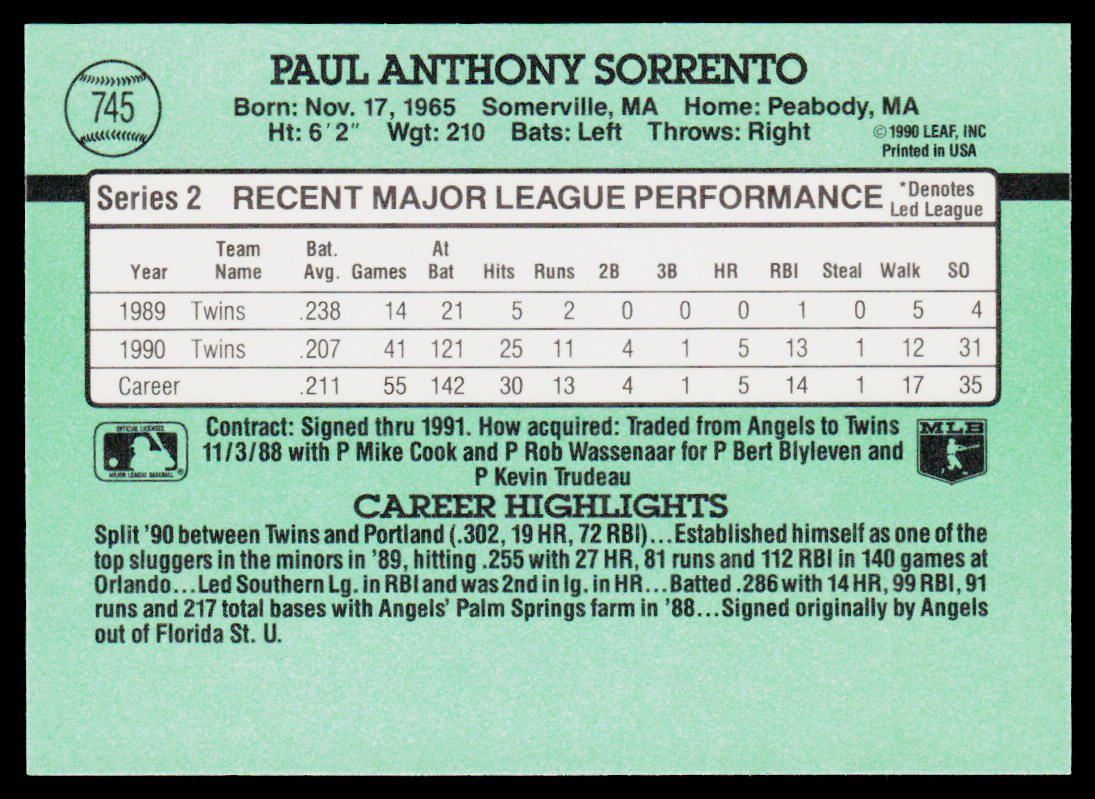 Paul Sorrento 1991 Donruss #745 Minnesota Twins