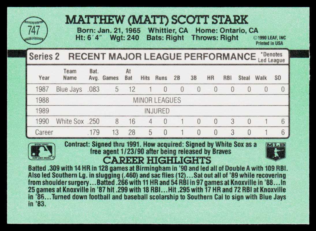 Matt Stark 1991 Donruss #747b RC Chicago White Sox