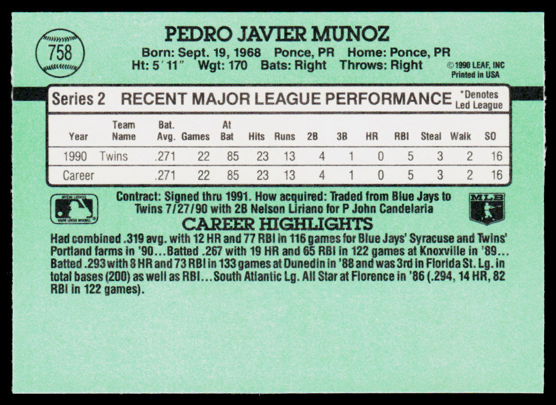 Pedro Munoz 1991 Donruss #758c RC Minnesota Twins