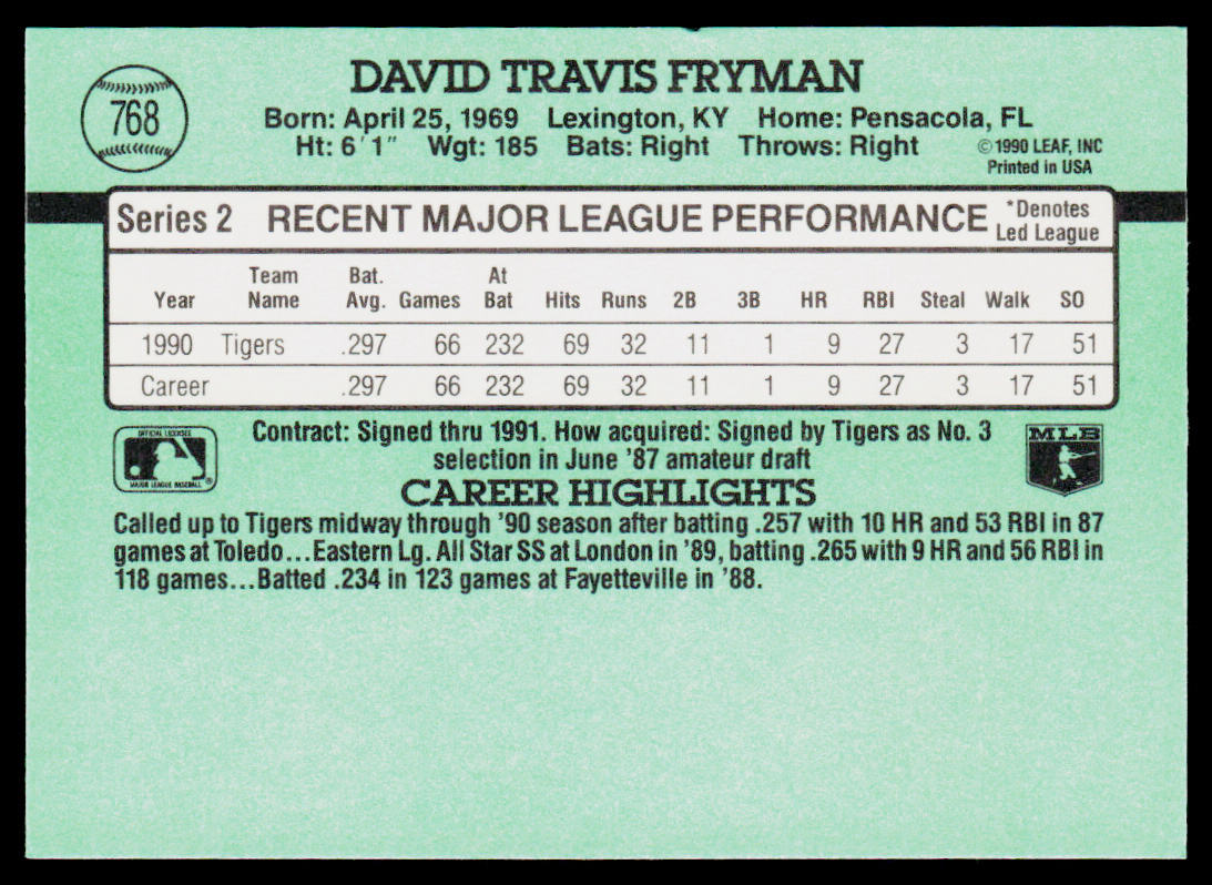 Travis Fryman 1991 Donruss #768b Detroit Tigers