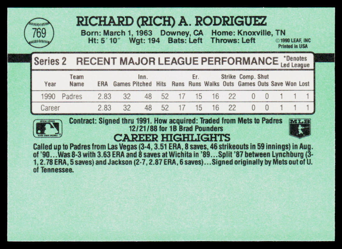 Rich Rodriguez 1991 Donruss #769 RC San Diego Padres