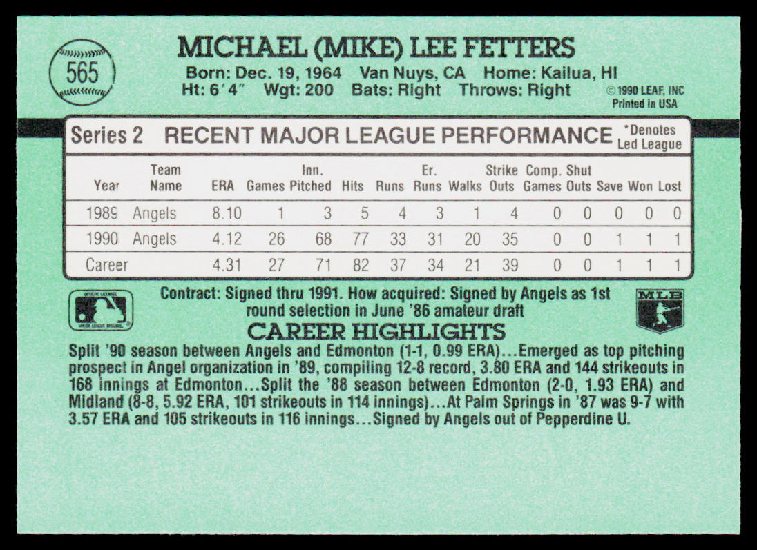 Mike Fetters 1991 Donruss #565b California Angels