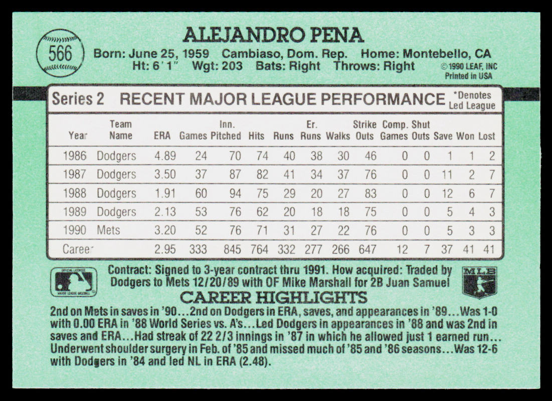 Alejandro Pena 1991 Donruss #566 New York Mets