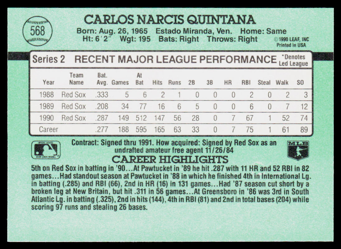Carlos Quintana 1991 Donruss #568b Boston Red Sox