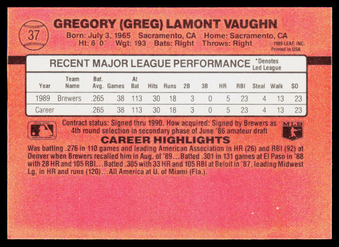 Greg Vaughn 1990 Donruss #37 RC Milwaukee Brewers