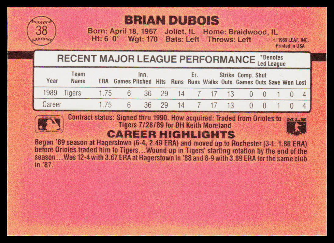 Brian DuBois 1990 Donruss #38c RC Detroit Tigers