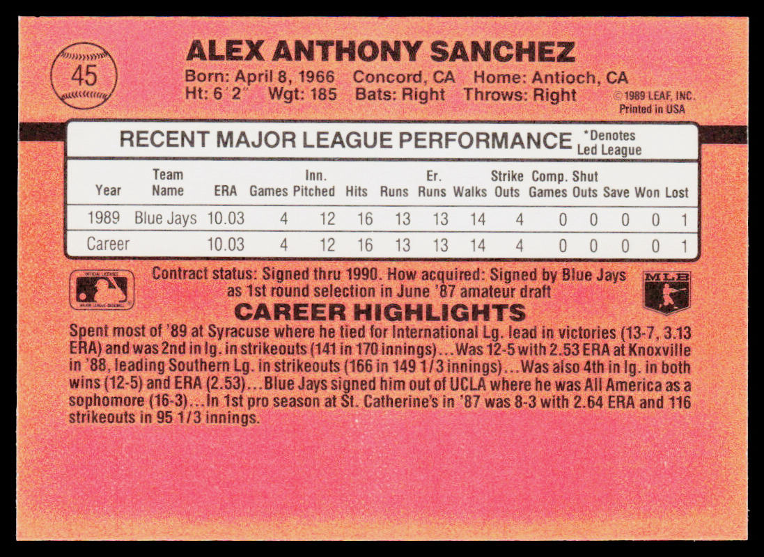 Alex Sanchez 1990 Donruss #45 Toronto Blue Jays