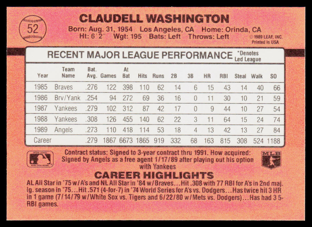 Claudell Washington 1990 Donruss #52 California Angels