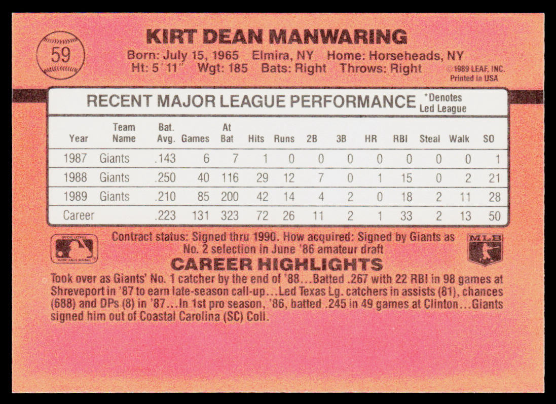 Kirt Manwaring 1990 Donruss #59c San Francisco Giants