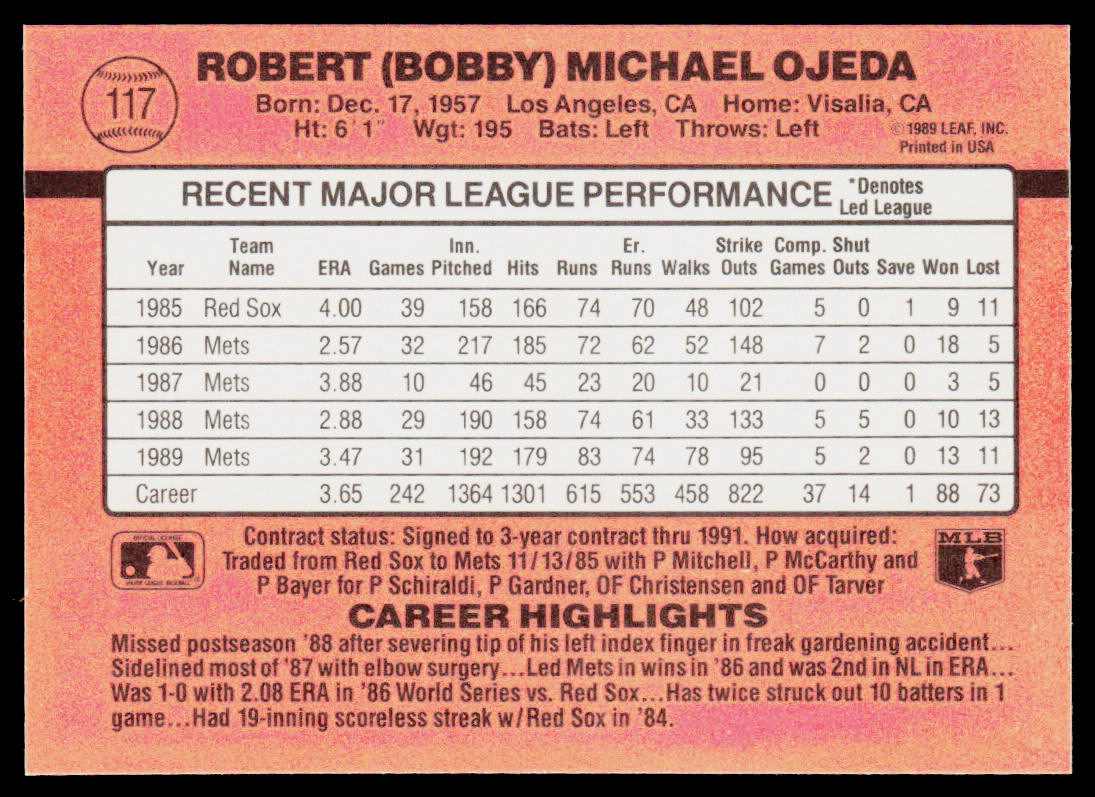 Bob Ojeda 1990 Donruss #117 New York Mets