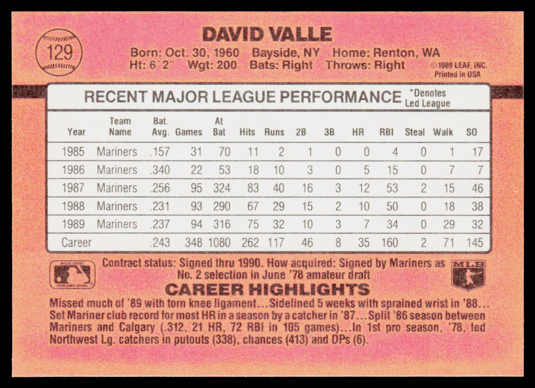 Dave Valle 1990 Donruss #129 Seattle Mariners
