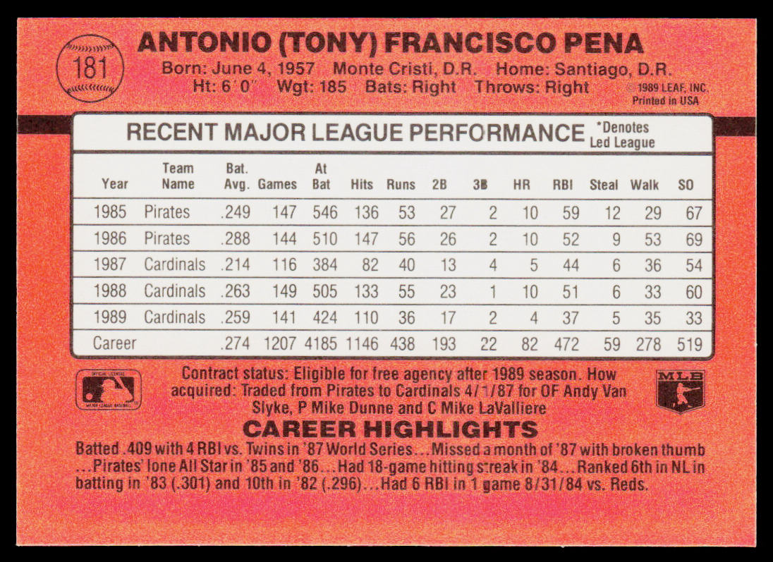 Tony Pena 1990 Donruss #181 St. Louis Cardinals