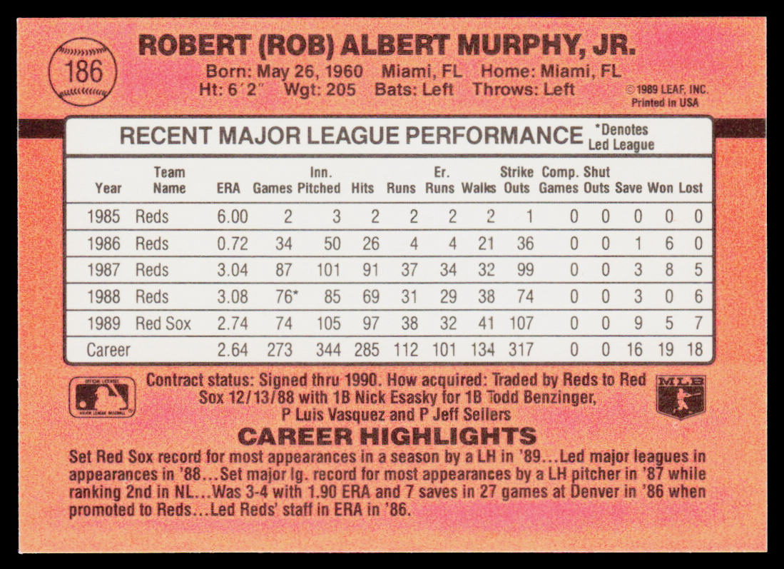 Rob Murphy 1990 Donruss #186c ERR Boston Red Sox