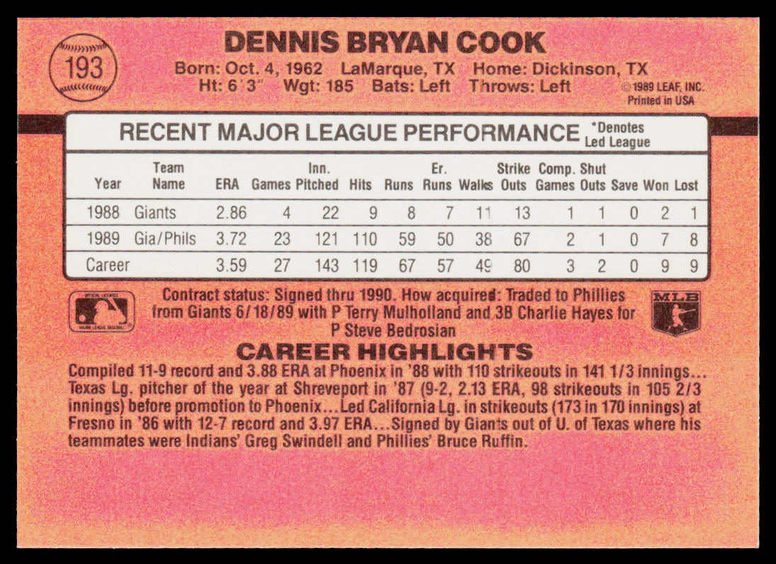 Dennis Cook 1990 Donruss #193c Philadelphia Phillies