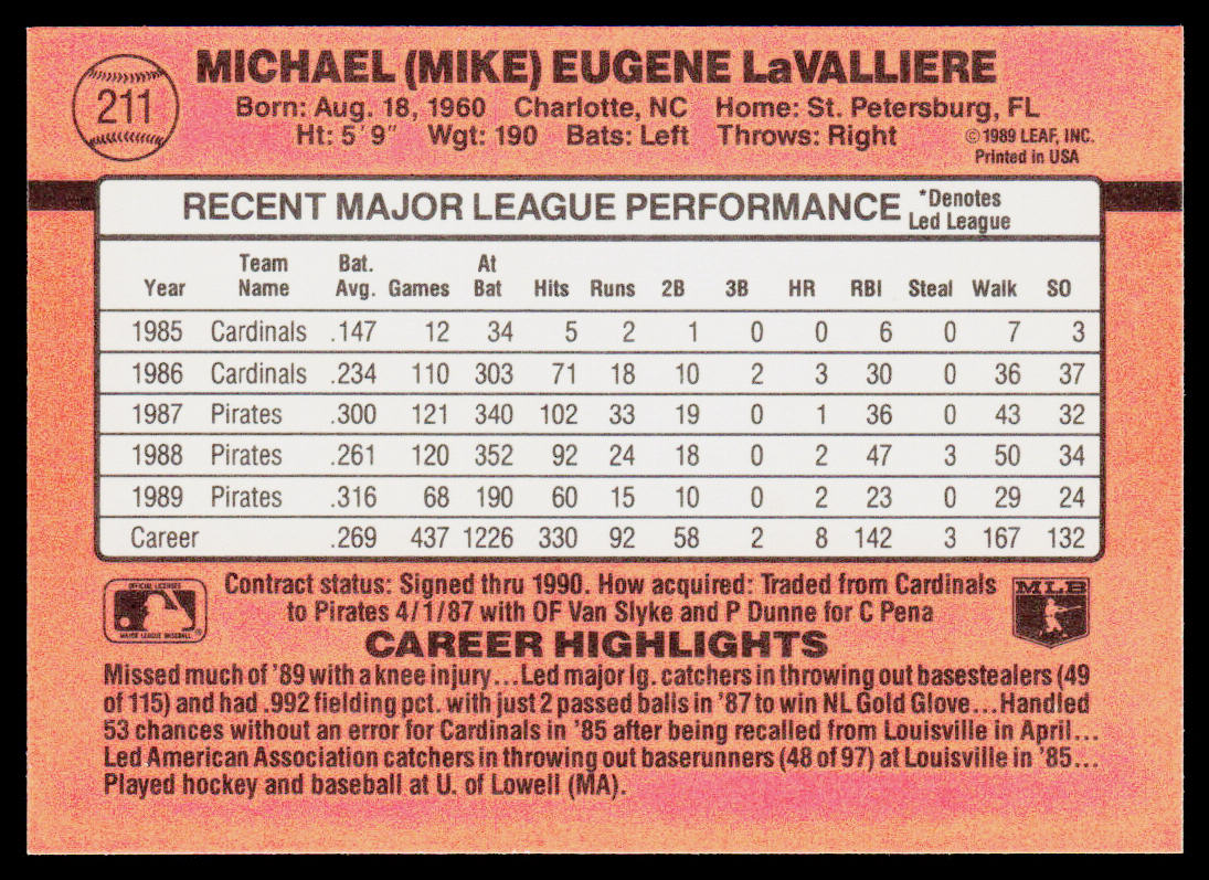 Mike LaValliere 1990 Donruss #211b Pittsburgh Pirates