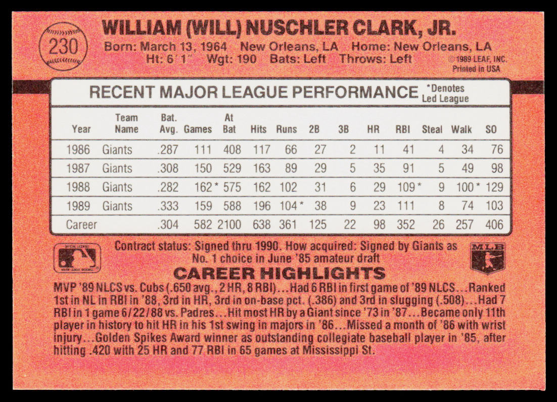 Will Clark 1990 Donruss #230 San Francisco Giants
