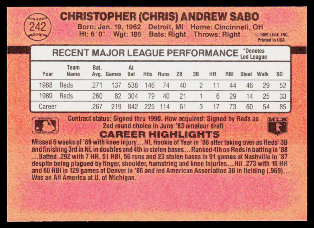 Chris Sabo 1990 Donruss #242c Cincinnati Reds