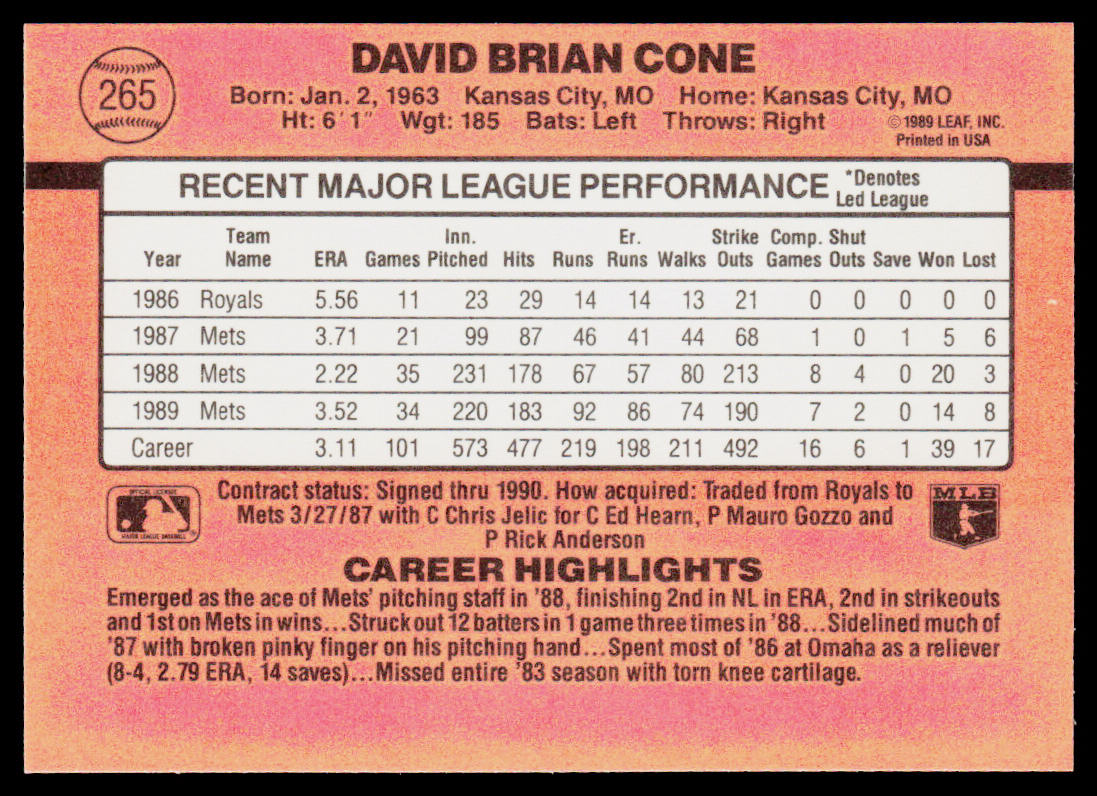 David Cone 1990 Donruss #265 New York Mets