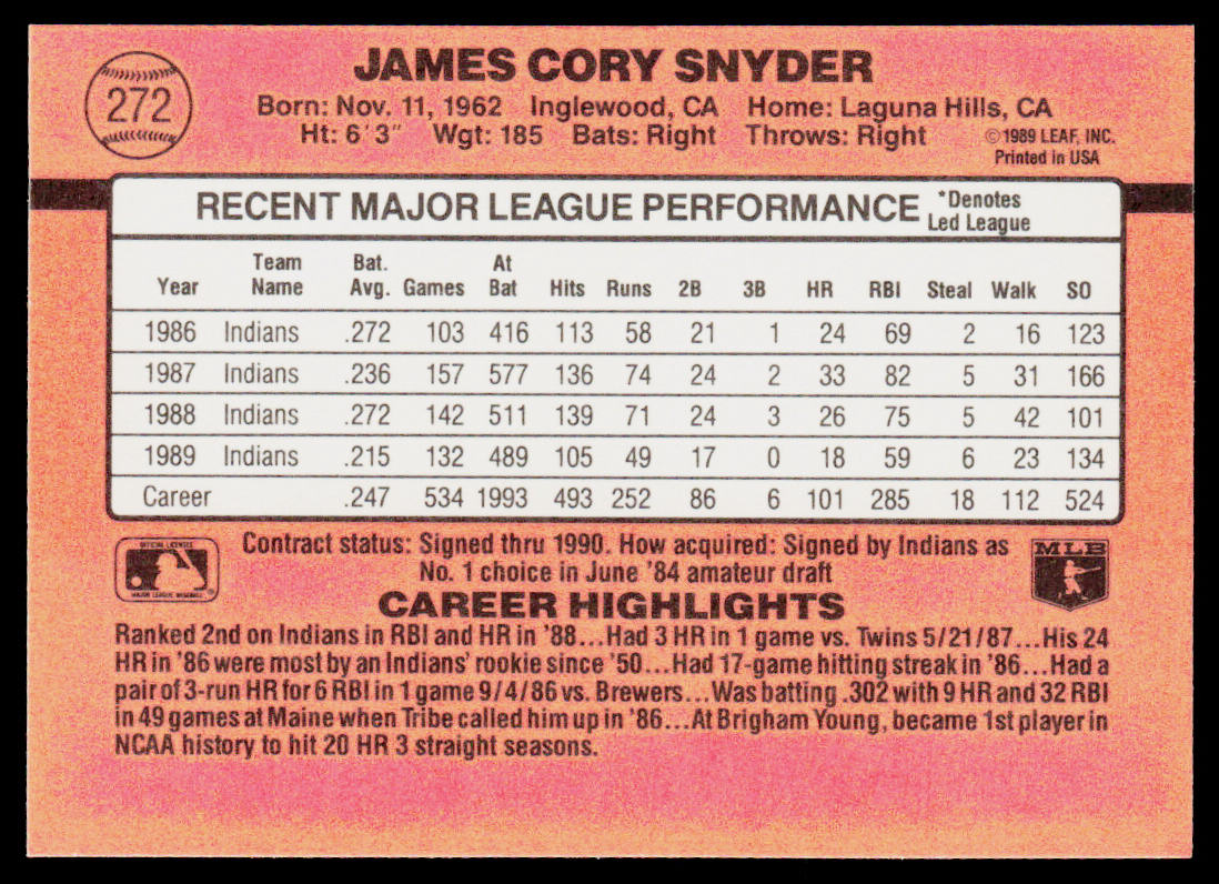 Cory Snyder 1990 Donruss #272c Cleveland Indians