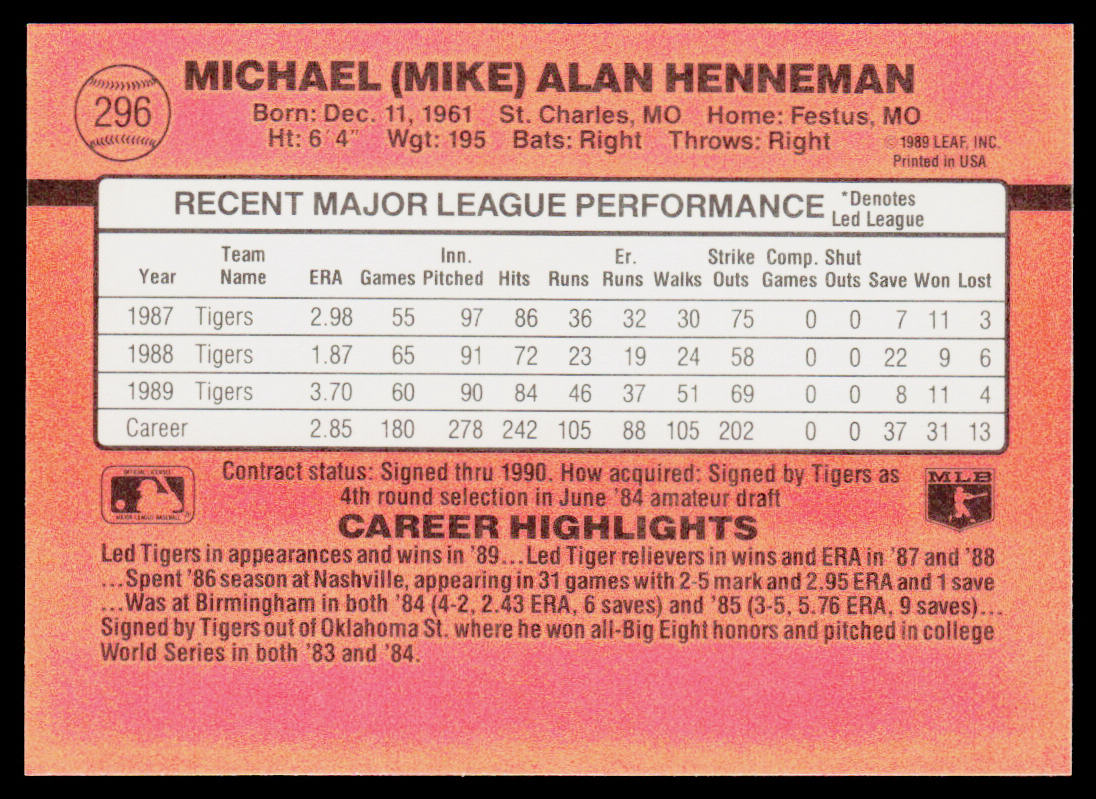 Mike Henneman 1990 Donruss #296c Detroit Tigers
