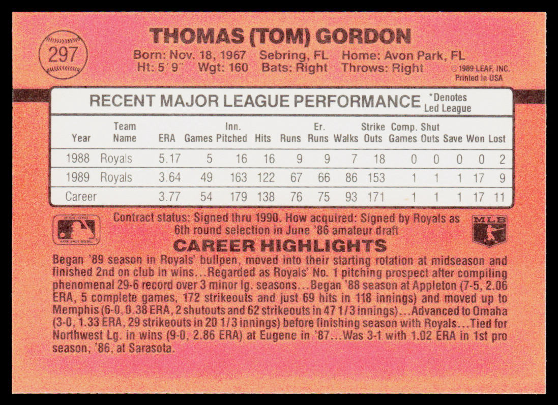 Tom Gordon 1990 Donruss #297b Kansas City Royals