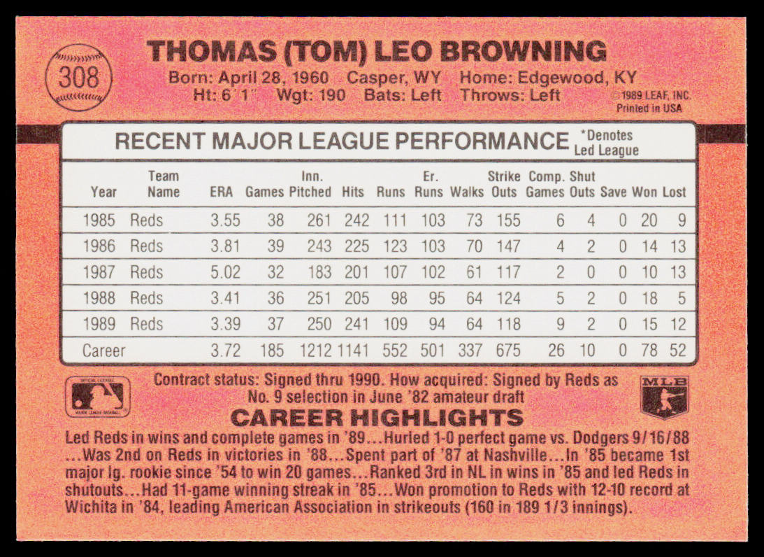 Tom Browning 1990 Donruss #308 Cincinnati Reds
