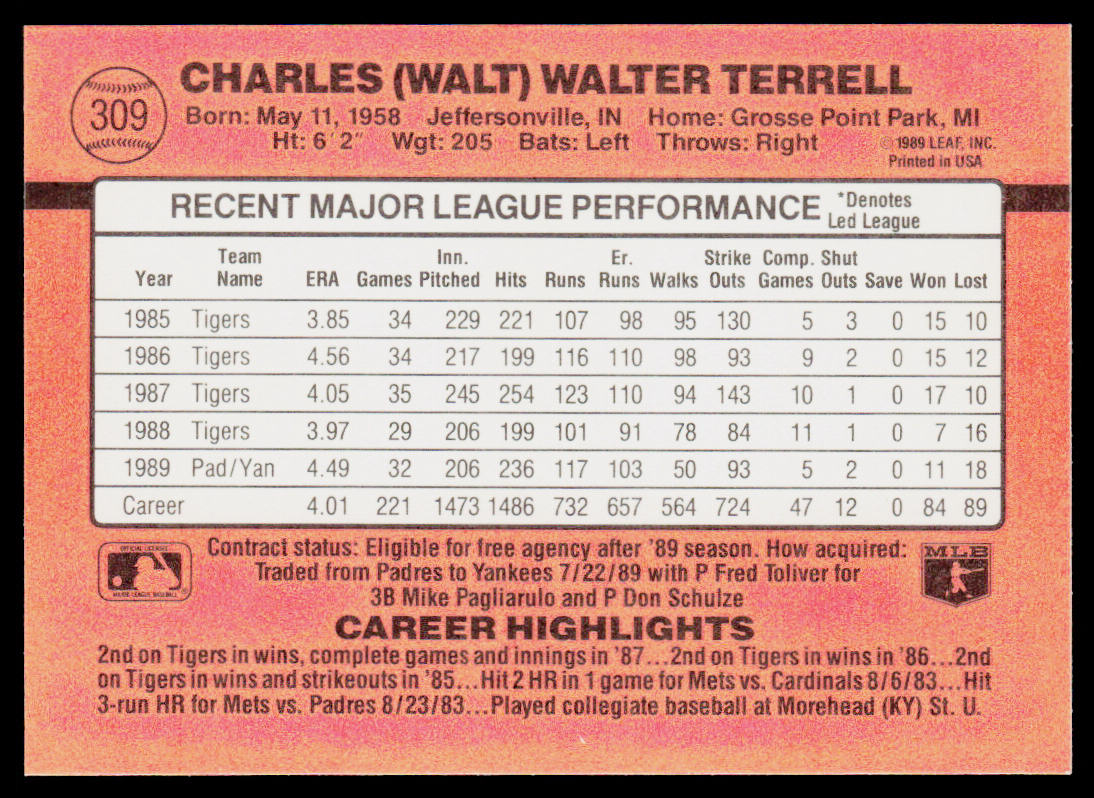 Walt Terrell 1990 Donruss #309b New York Yankees