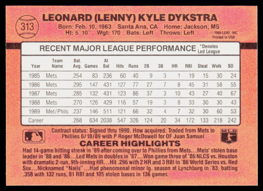 Lenny Dykstra 1990 Donruss #313 Philadelphia Phillies