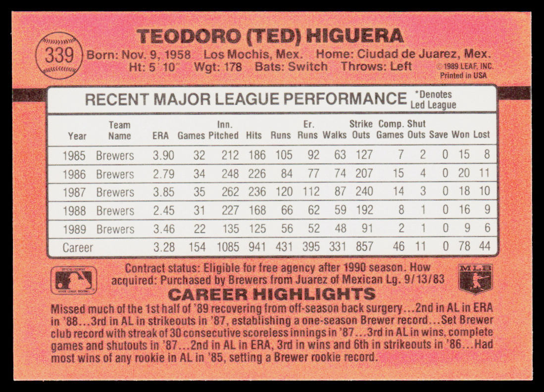 Ted Higuera 1990 Donruss #339c Milwaukee Brewers