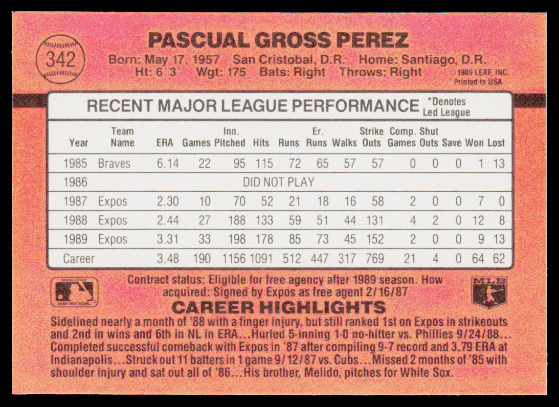 Pascual Perez 1990 Donruss #342 Montreal Expos