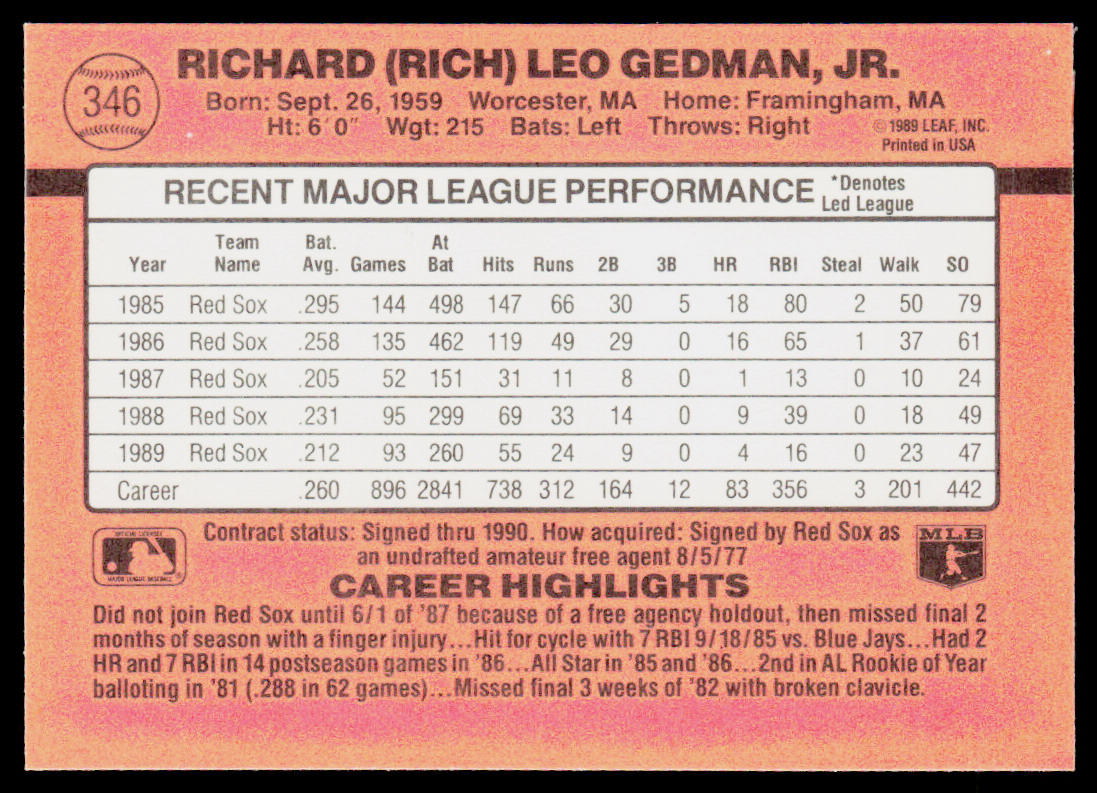 Rich Gedman 1990 Donruss #346 Boston Red Sox