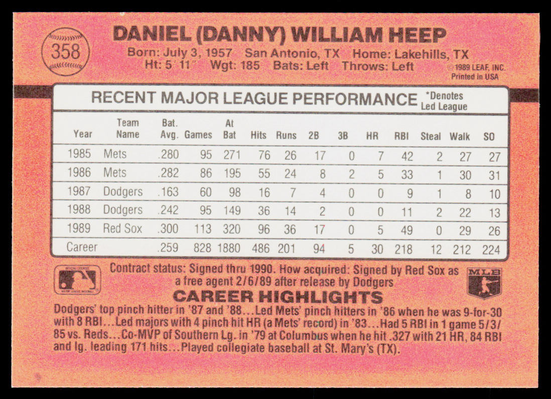 Danny Heep 1990 Donruss #358 Boston Red Sox