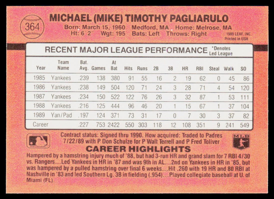 Mike Pagliarulo 1990 Donruss #364 San Diego Padres