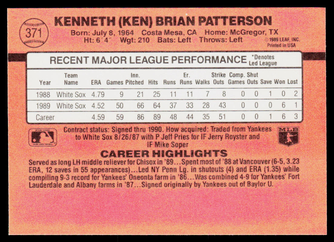 Ken Patterson 1990 Donruss #371c Chicago White Sox