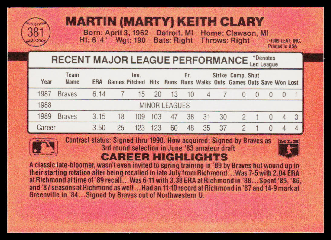 Marty Clary 1990 Donruss #381c Atlanta Braves