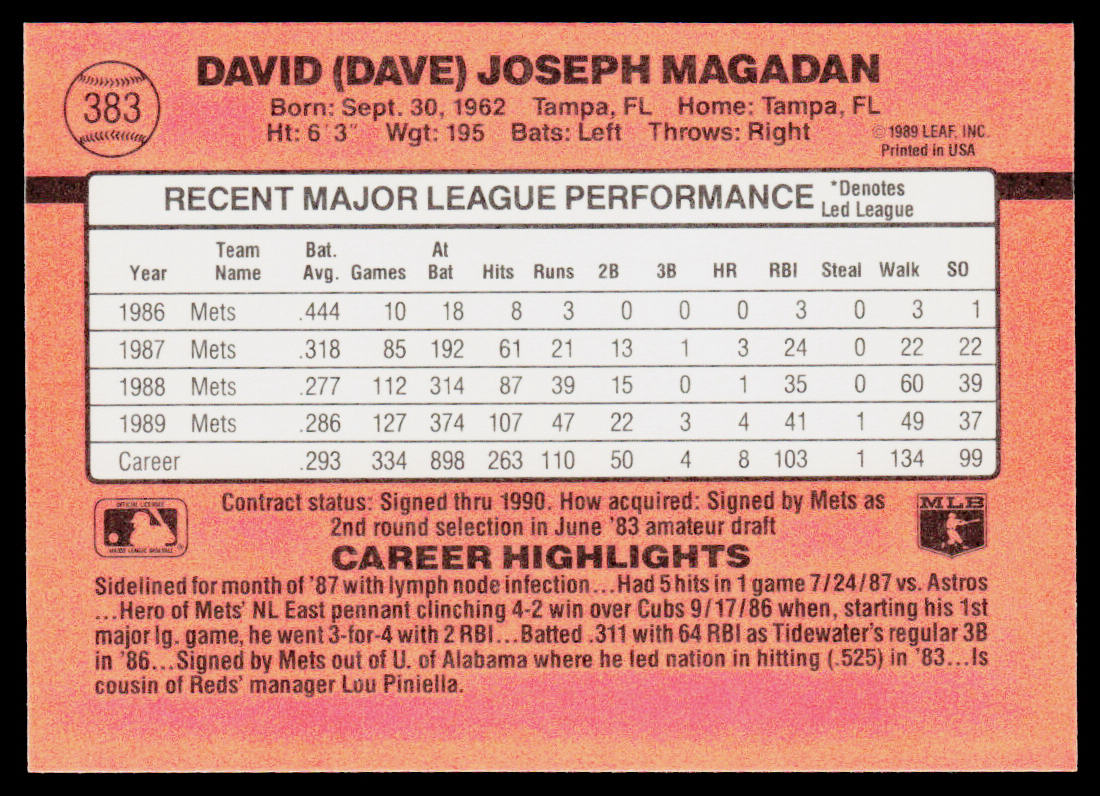 Dave Magadan 1990 Donruss #383 New York Mets