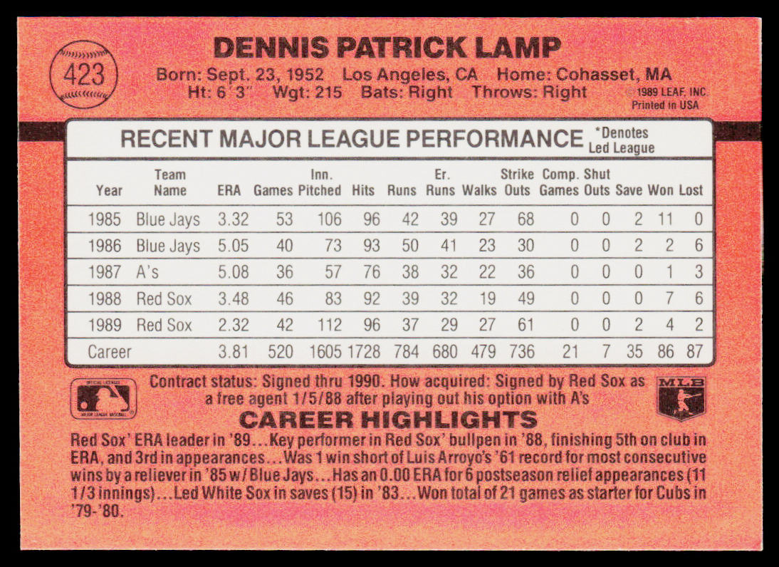 Dennis Lamp 1990 Donruss #423 Boston Red Sox