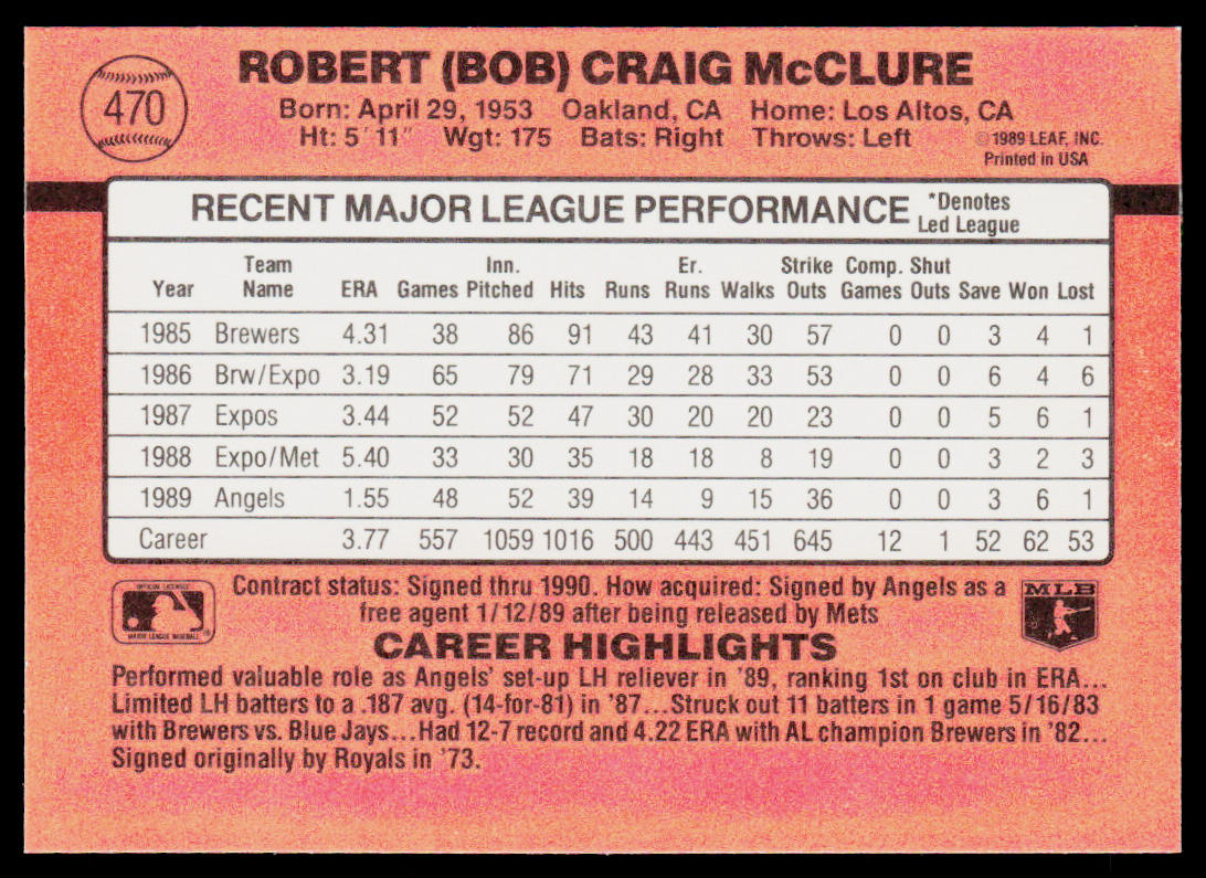 Bob McClure 1990 Donruss #470 California Angels
