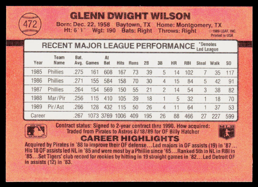 Glenn Wilson 1990 Donruss #472 Houston Astros