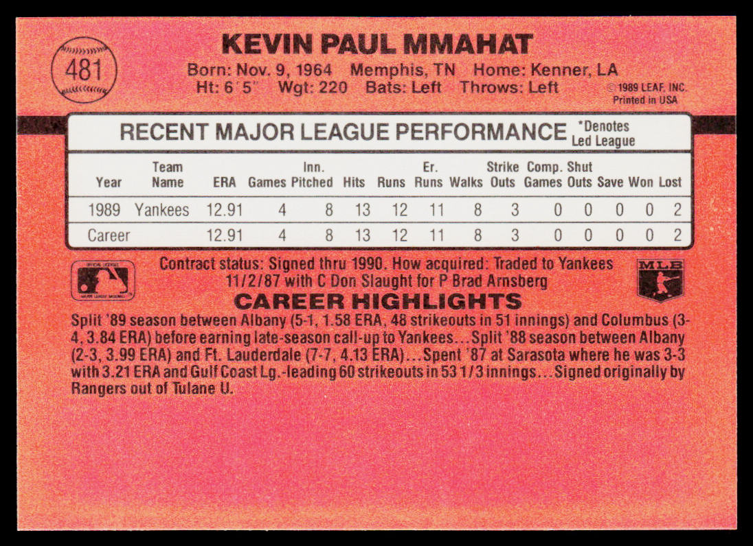 Kevin Mmahat 1990 Donruss #481 RC New York Yankees