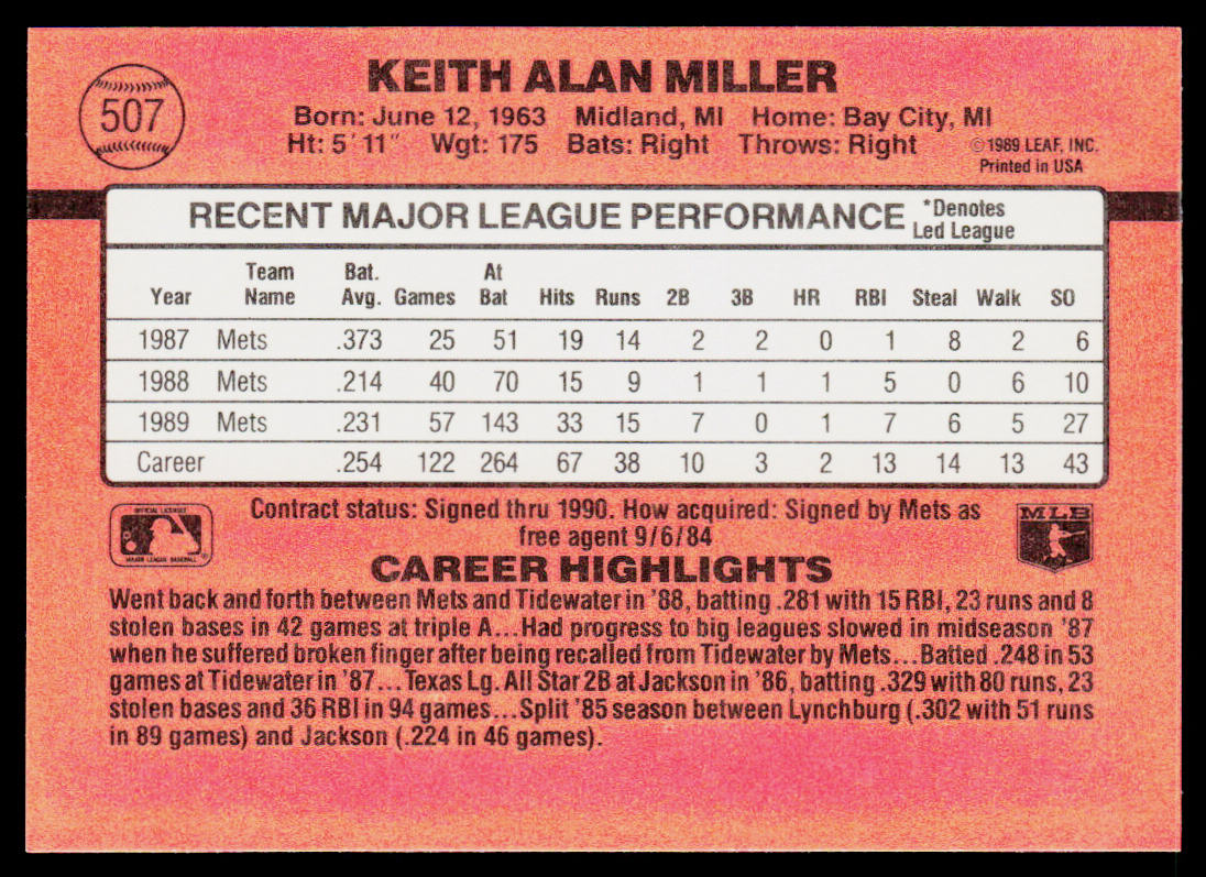 Keith Miller 1990 Donruss #507c New York Mets
