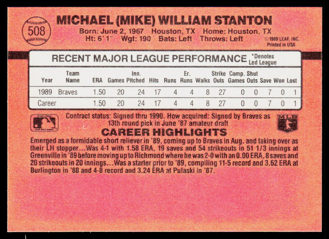 Mike Stanton 1990 Donruss #508c RC Atlanta Braves
