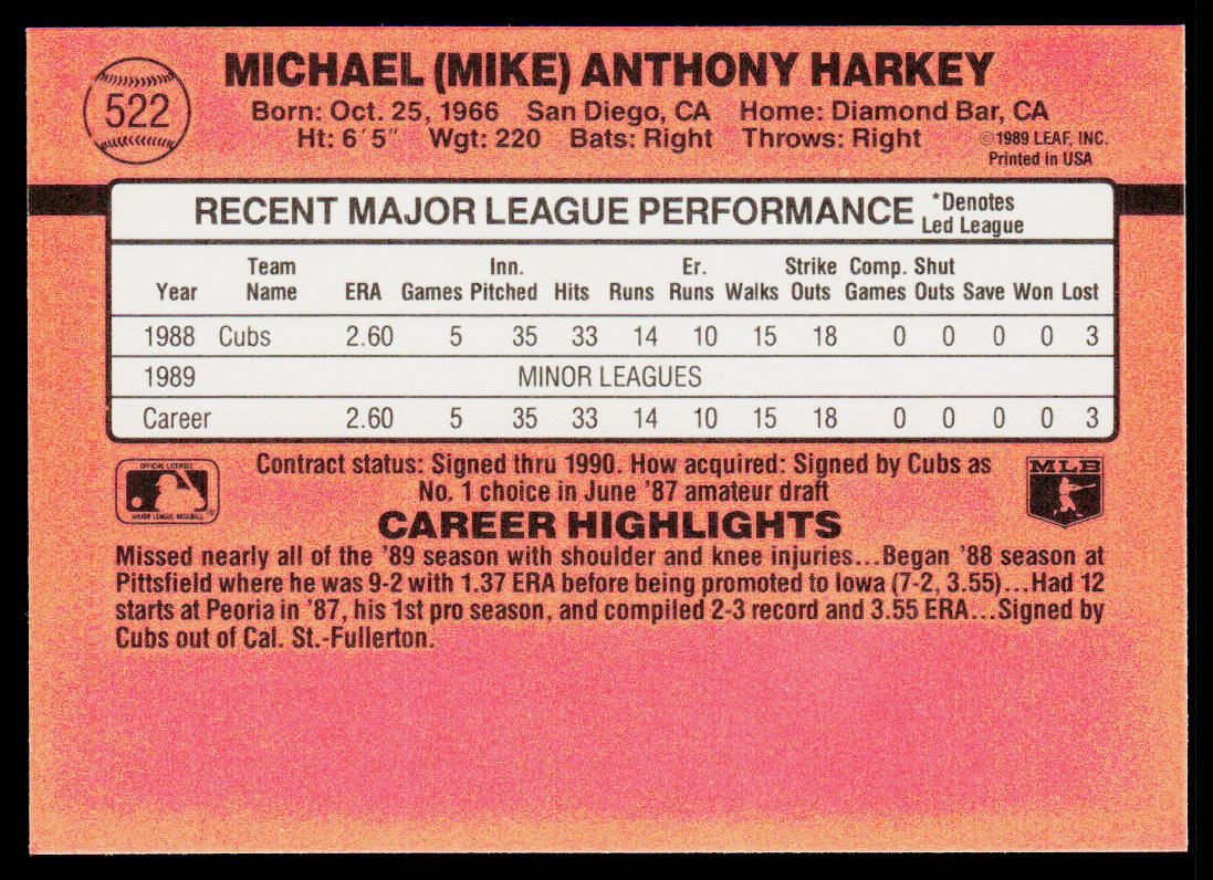 Mike Harkey 1990 Donruss #522 Chicago Cubs