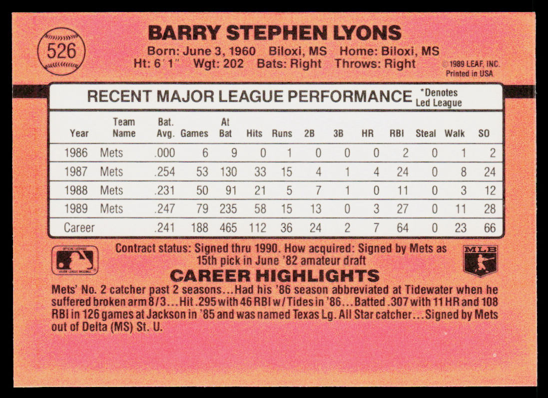 Barry Lyons 1990 Donruss #526b New York Mets